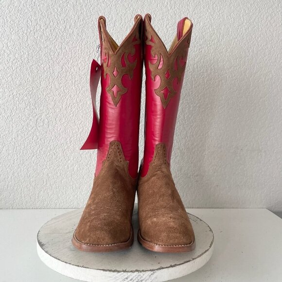 Rod Patrick Mens Cowboy Boots 14AAAA Brown Rough Out Blunt Toe Red Top Western - Picture 7 of 11